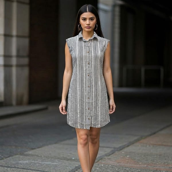 Black-and-white-vertical-striped-sleeveless-shirt-dress-with-collar-and-button-down-front