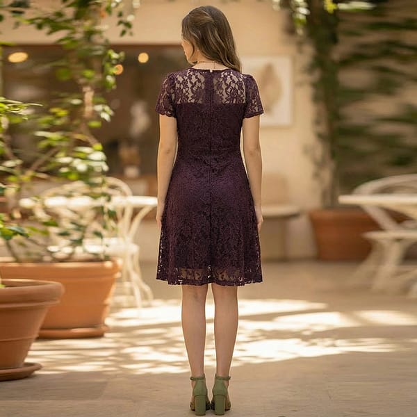Women-burgundy-lace-knee-length-dress-with-sheer-yoke-and-short-sleeves