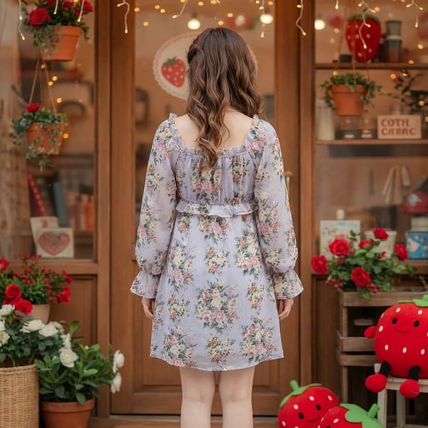 Women-lavender-floral-mini-dress-with-long-sheer-sleeves-and-square-neck