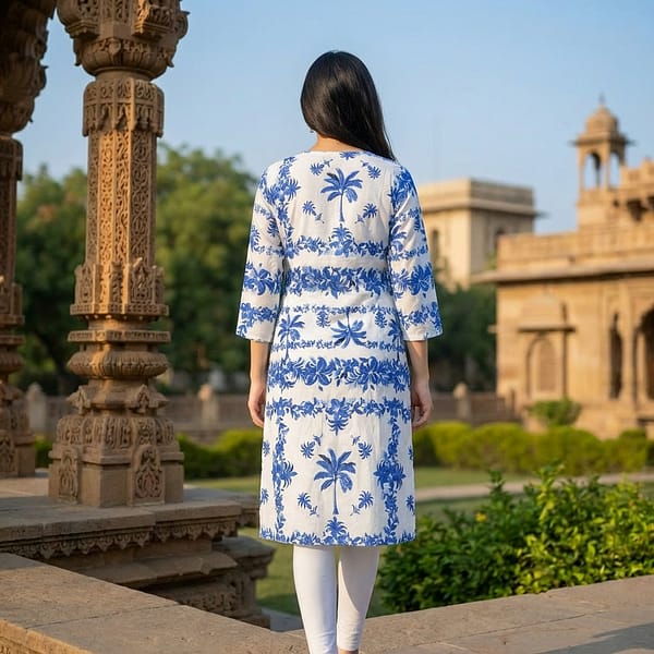 Women-blue-printed-kurta-with-three-quarter-sleeves-and-round-neck