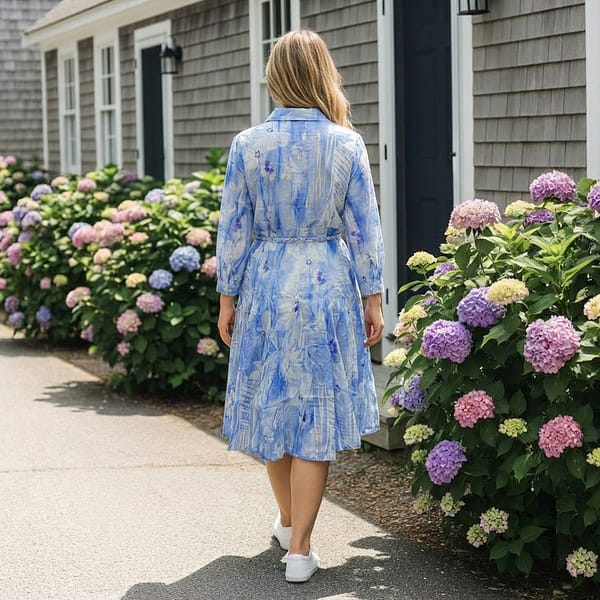 Women-blue-printed-shirt-dress-with-belt-and-three-quarter-sleeves