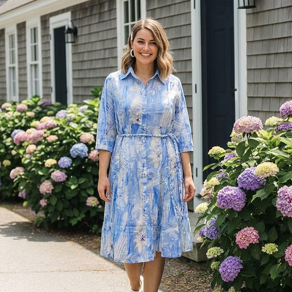 Women-blue-printed-shirt-dress-with-belt-and-three-quarter-sleeves