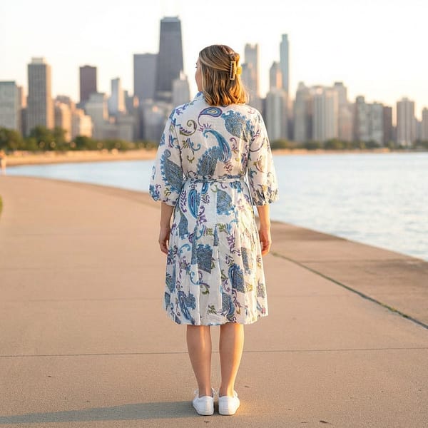 Women-blue-printed-shirt-dress-with-belt-and-three-quarter-sleeves