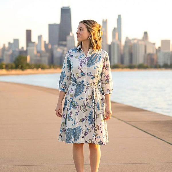 Women-blue-printed-shirt-dress-with-belt-and-three-quarter-sleeves