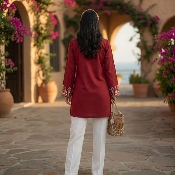 Women-red-kurta-top-with-tassel-neck-and-full-sleeves