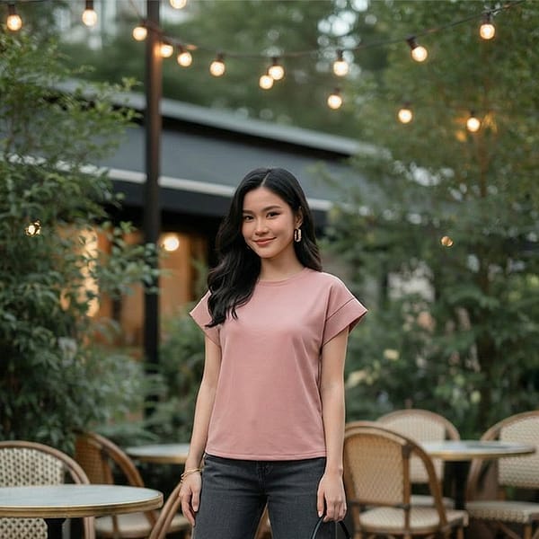 Dusty-pink-crew-neck-rolled-sleeve-women's-top