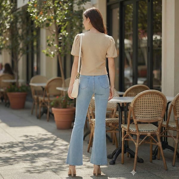 Beige-V-neck-puff-sleeve-textured-women's-top