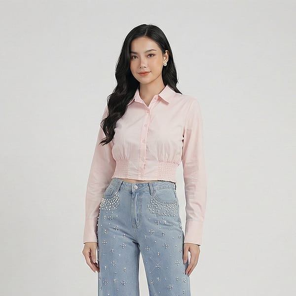 Pink-cropped-button-front-shirt
