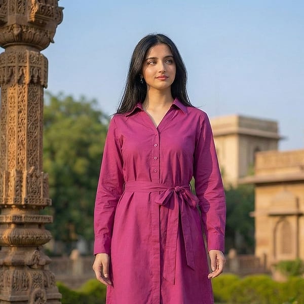 Magenta-long-sleeve-collared-belted-shirt-dress-for-women