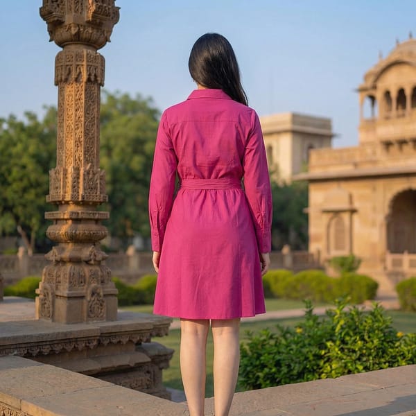 Magenta-long-sleeve-collared-belted-shirt-dress-for-women