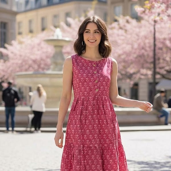 Pink-printed-sleeveless-round-neck-midi-dress