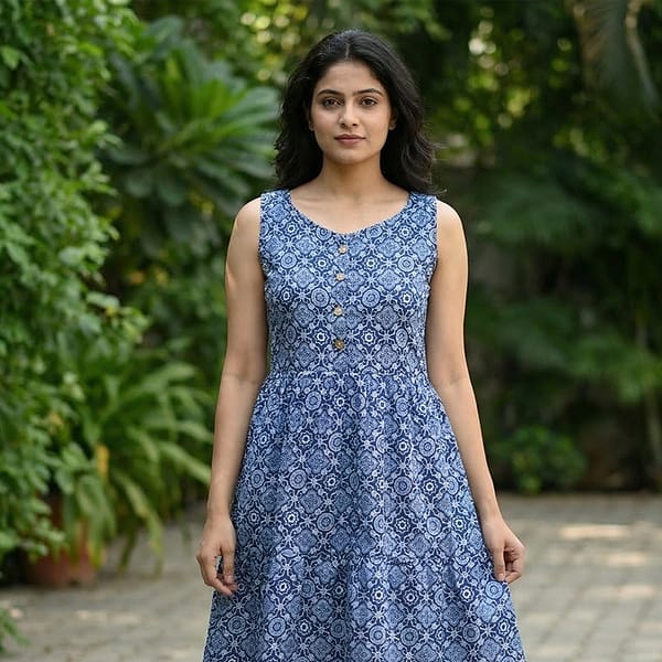 Blue-printed-sleeveless-round-neck-midi-dress