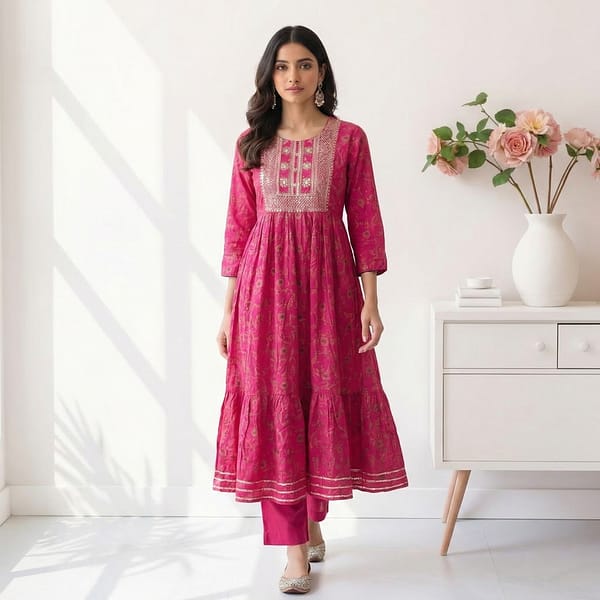 Pink-embellishment-yoke-A-line-kurta-dress