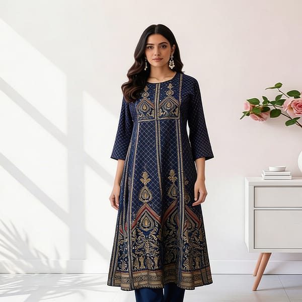 Navy-blue-ethnic-printed-A-line-kurta-dress