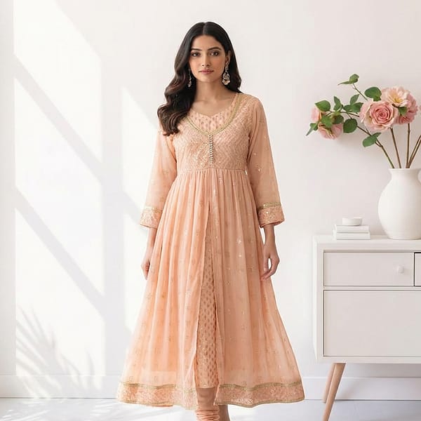 Peach-embroidered-Anarkali-kurta-dress-with-layered-design