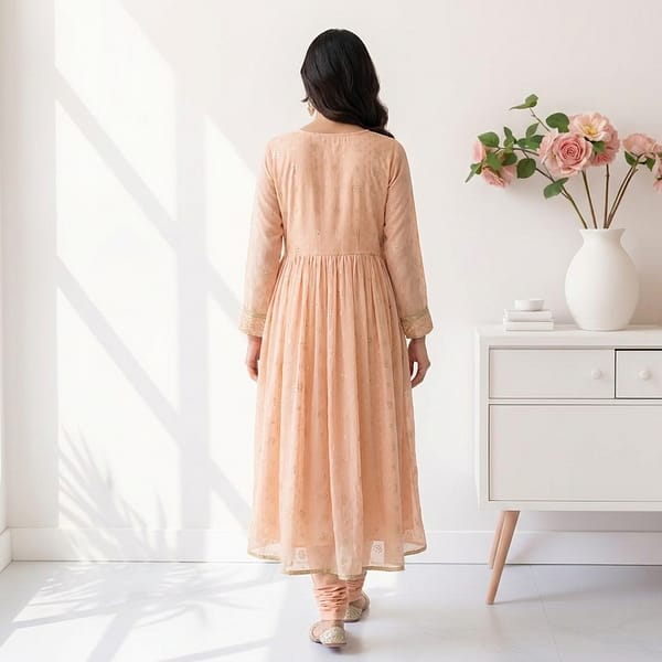 Peach-embroidered-Anarkali-kurta-dress-with-layered-design