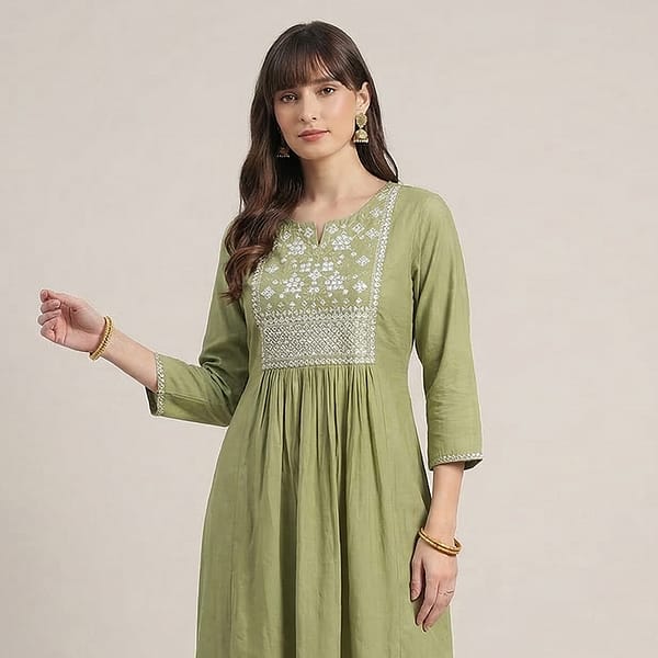 Green-embroidered-A-line-kurta-dress