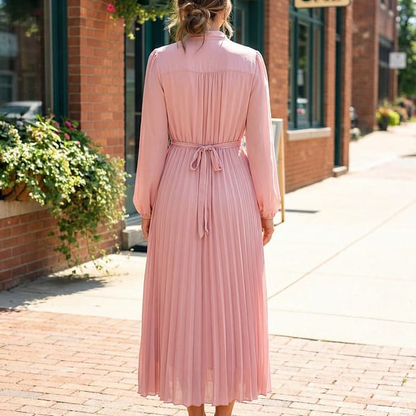 Women-pink-pleated-maxi-dress-with-long-sleeves-and-mandarin-collar