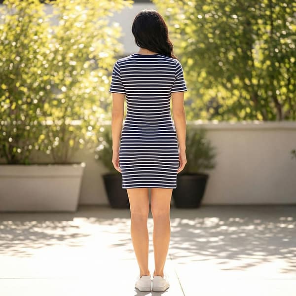 Women-navy-blue-striped-t-shirt-bodycon-dress-with-short-sleeves