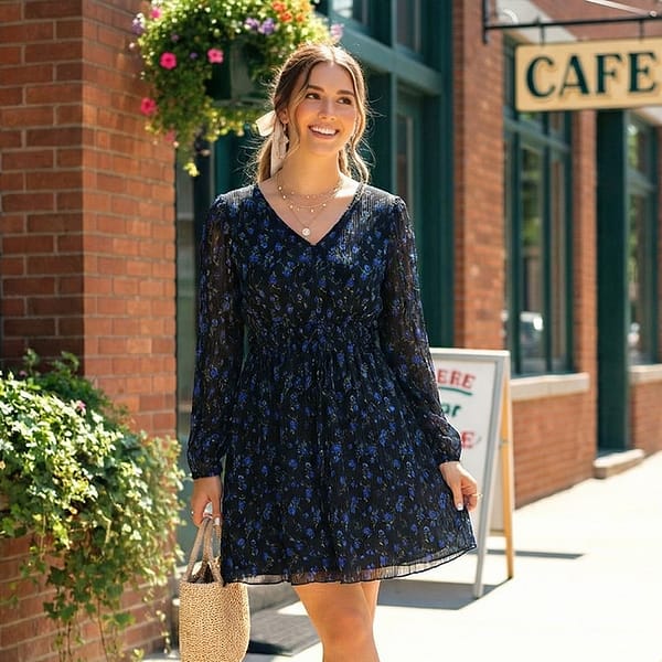 Women-black-floral-v-neck-long-sleeve-mini-dress-for-women-casual-day-dress