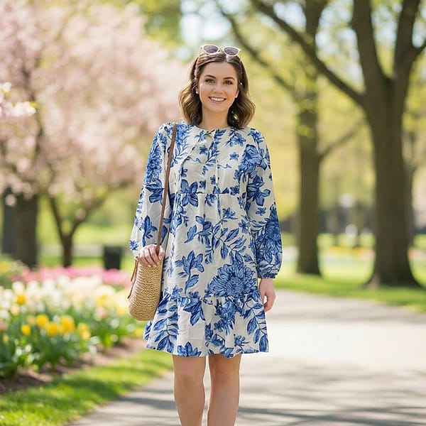 Women's-blue-floral-long-sleeve-A-line-mini-dress