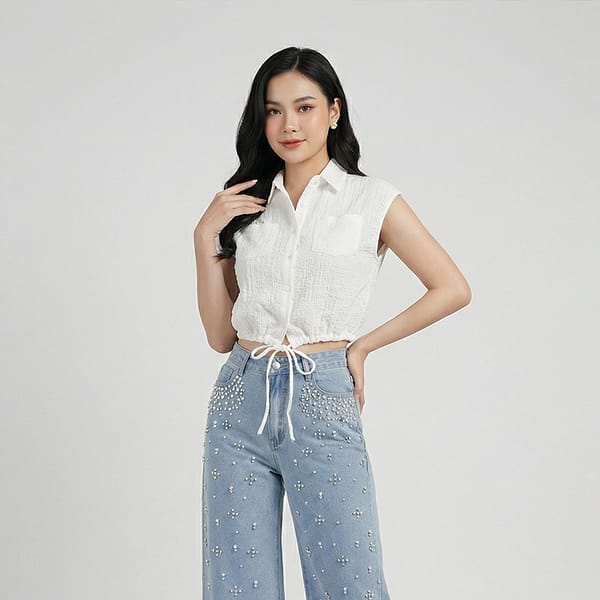 White-sleeveless-collared-crop-top-with-front-buttons-and-adjustable-drawstring-hem