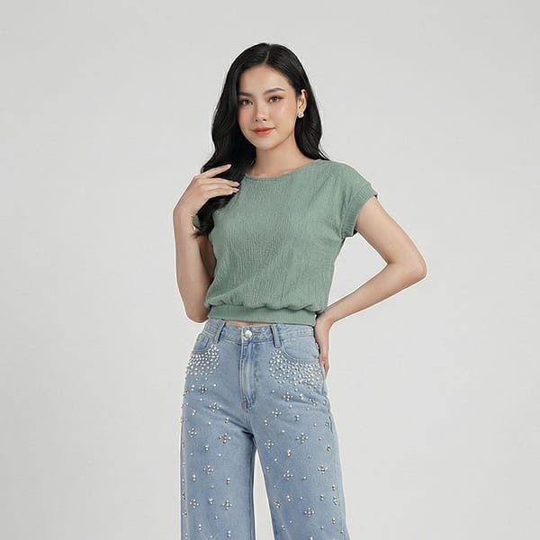 Sage-green-textured-cap-sleeve-round-neck-top-for-women