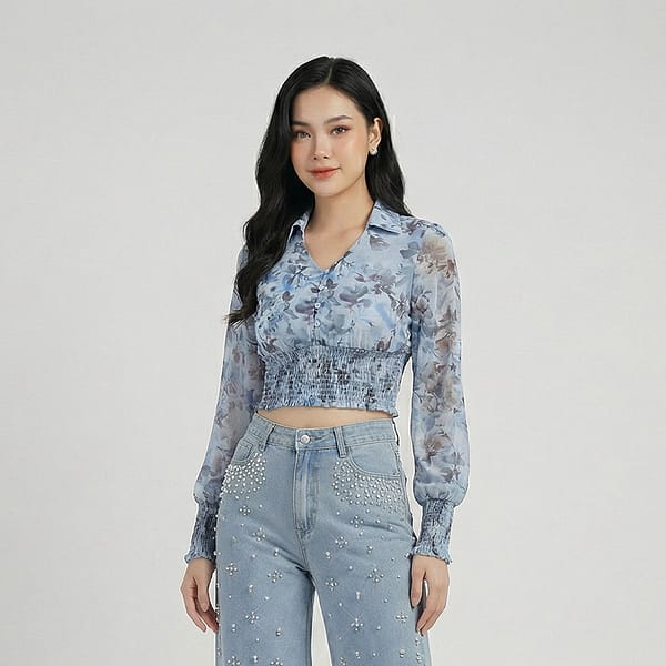 Blue-floral-print-long-sleeve-smocked-waist-crop-top-for-women