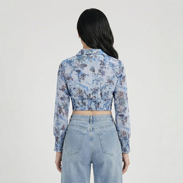 Blue-floral-print-long-sleeve-smocked-waist-crop-top-for-women