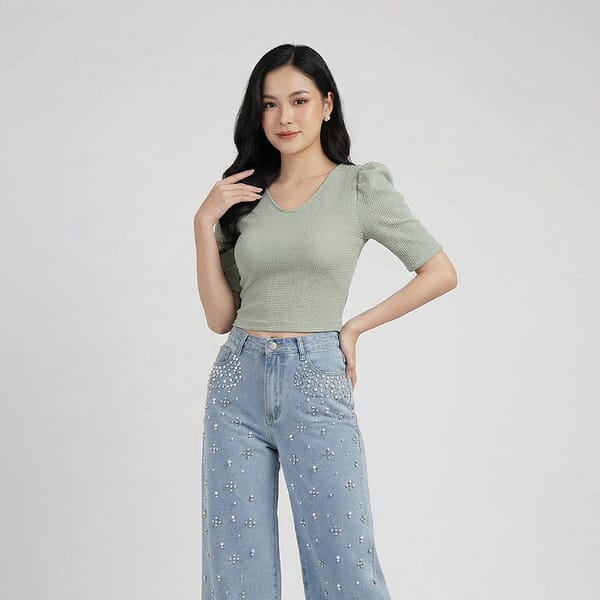 Sage-green-ribbed-V-neck-puff-sleeve-crop-top-for-women