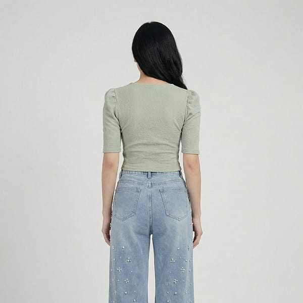 Sage-green-ribbed-V-neck-puff-sleeve-crop-top-for-women