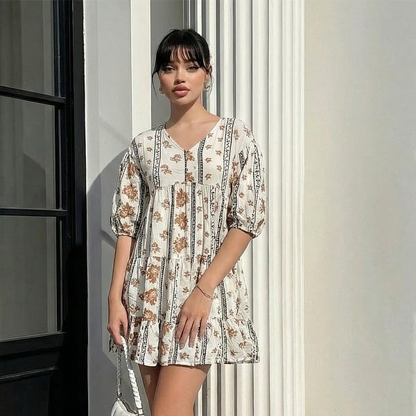 Beige-floral-print-puff-sleeve-v-neck-mini-dress-for-women