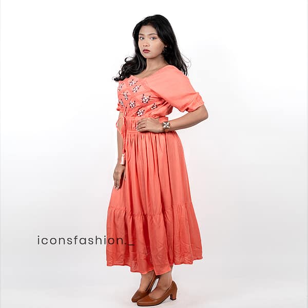 Coral-embroidered-puff-sleeve-midi-dress-with-tie-waist