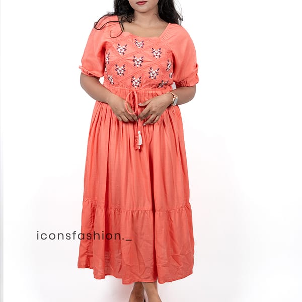 Coral-embroidered-puff-sleeve-midi-dress-with-tie-waist