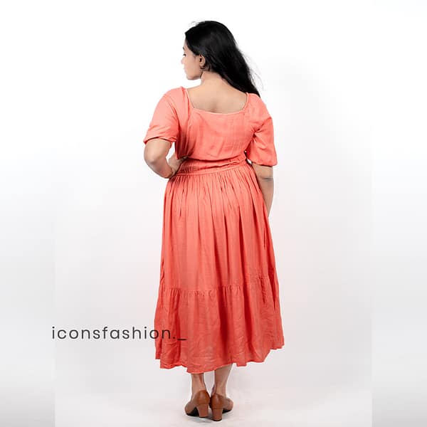 Coral-embroidered-puff-sleeve-midi-dress-with-tie-waist