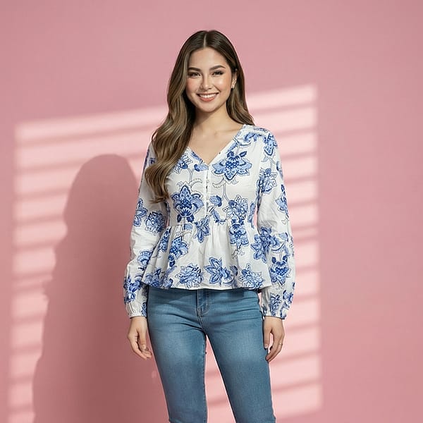 Blue-floral-print-V-neck-peplum-top-with-long-sleeves