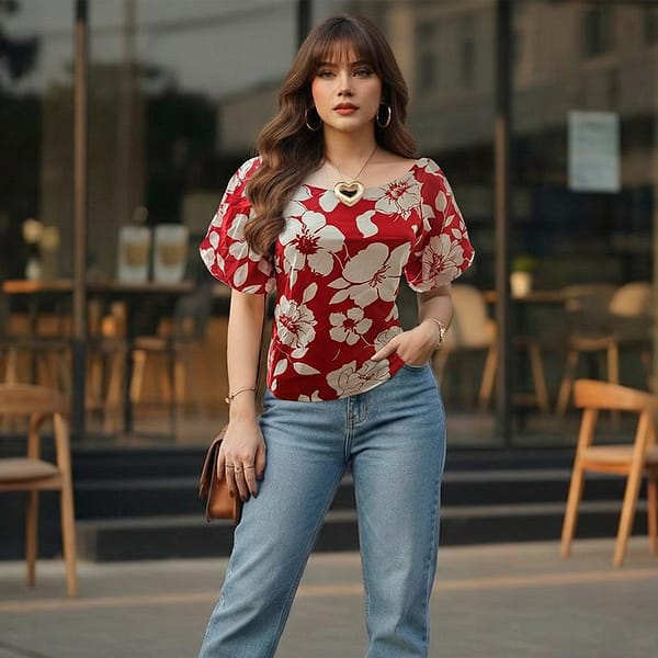Red-floral-square-neck-puff-sleeve-women's-top