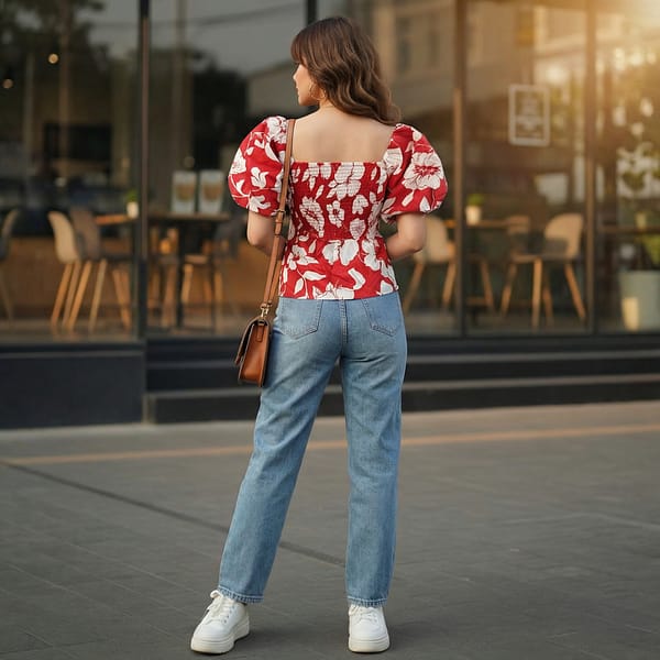 Red-floral-square-neck-puff-sleeve-women's-top
