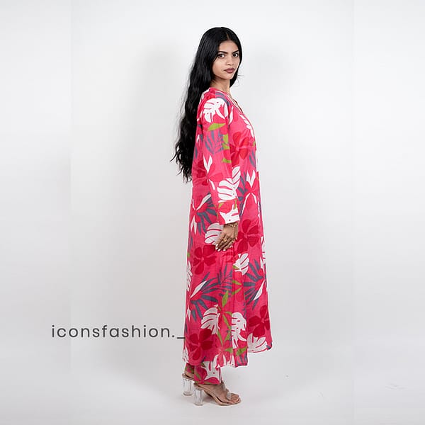 Women’s-pink-print-kurta-set-with-V-neck-and-Full-sleeves