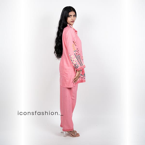 Women’s-pink-embroidered-co-ord-set-with-shirt-style-top-and-straight-pants