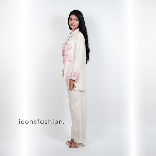 Women’s-off-white-co-ord-set-with-embroidered-and-shirt-style-top-and-pants