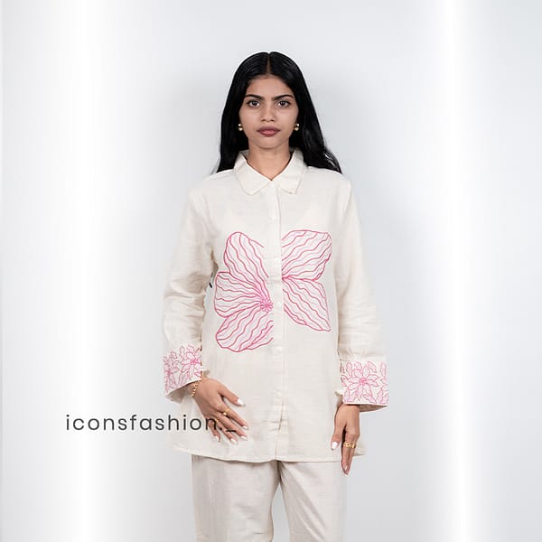 Women’s-off-white-co-ord-set-with-embroidered-and-shirt-style-top-and-pants