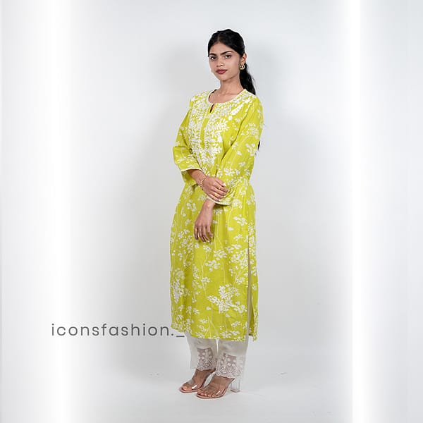 Womens-lime-green-embroidery-kurta-set-with-straight-cut-kurta-round-neckline-three-quarter-sleeves-and-white-lace-detailed-straight-pants