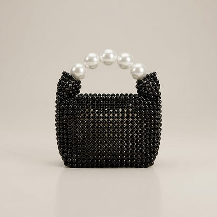 Black-beaded-mini-handbag-with-white-pearl-top-handle-structured-evening-bag