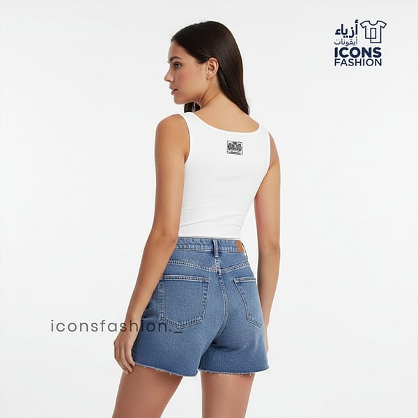 White-sleeveless-ribbed-tank-top-for-women-featuring-high-round-neckline-and-small-chest-print-stylish-casual-top