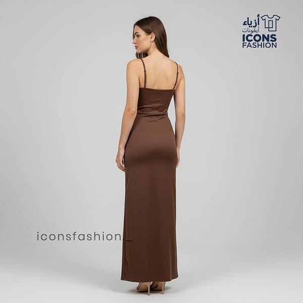 Coffee-brown-Women-satin-slip-maxi-dress-with-spaghetti-straps-and-V-neckline-floor-length-elegant-gown