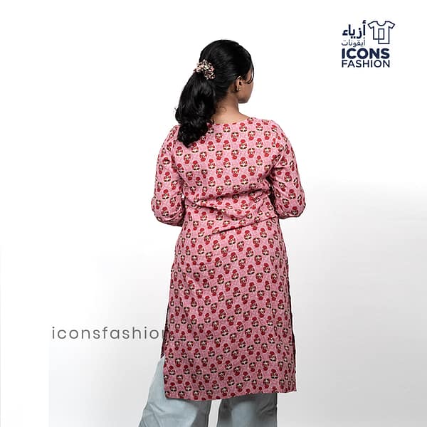 Pink-ethnic-print-kurti-for-women-knee‑length-comfortable-regular-fit-style