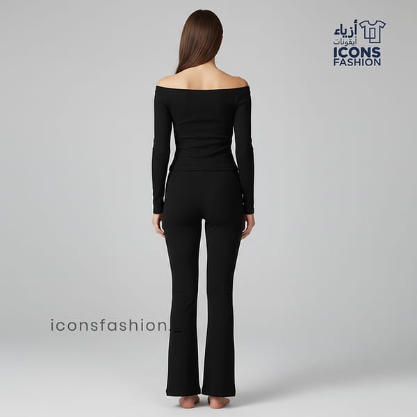 Black-off-shoulder-co-ord-set-for-women-with-long-sleeve-top-and-fitted-pants